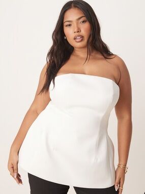 ASOS Curve Strapless Satin White Peplum Top
